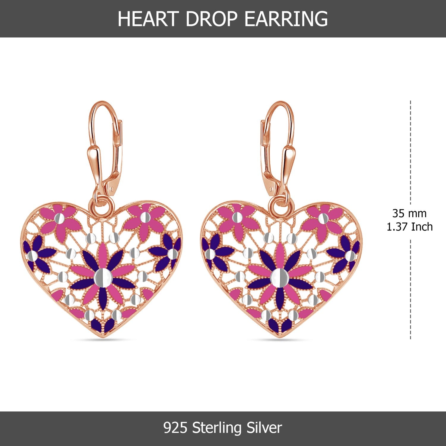 925 Sterling Silver Diamond-Cut Filigree Heart Shaped Enamel Drop Dangle Earrings For Women