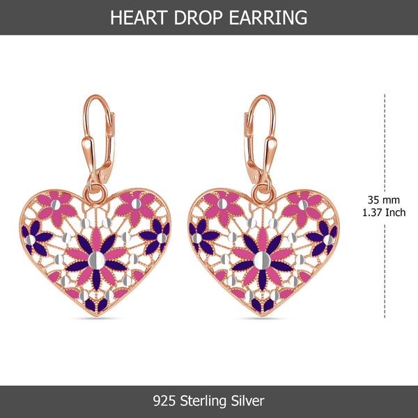 925 Sterling Silver Diamond-Cut Filigree Heart Shaped Enamel Drop Dangle Earrings For Women