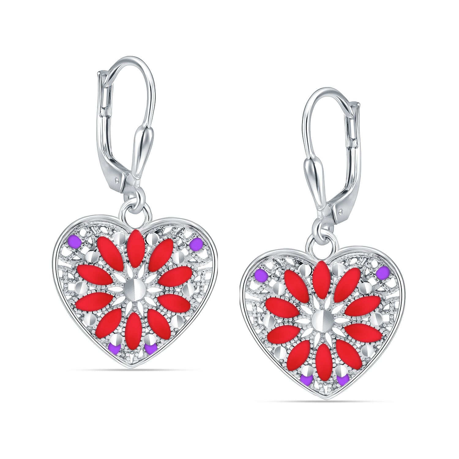 925 Sterling Silver Diamond-Cut Filigree Heart Enamel Drop Dangle Earrings For Women