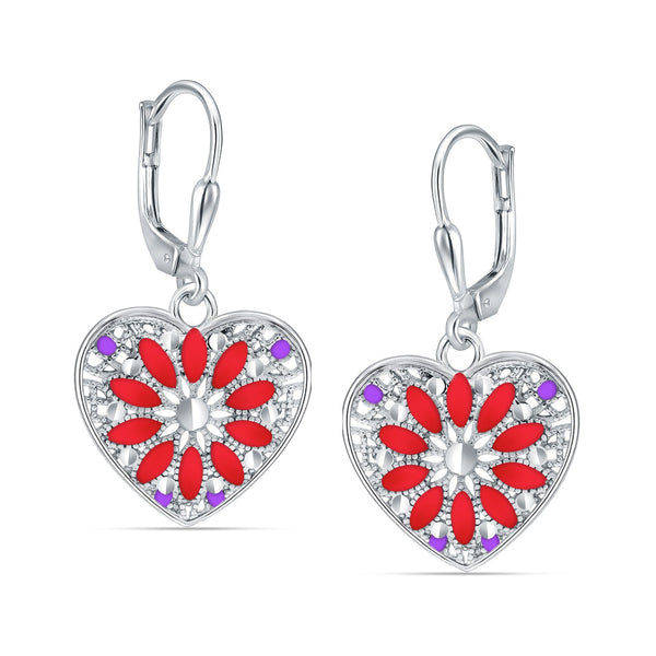 925 Sterling Silver Diamond-Cut Filigree Heart Enamel Drop Dangle Earrings For Women