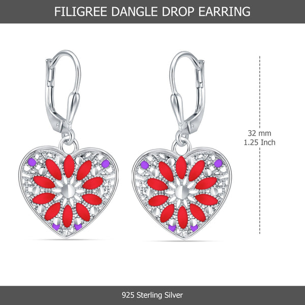 925 Sterling Silver Diamond-Cut Filigree Heart Enamel Drop Dangle Earrings For Women