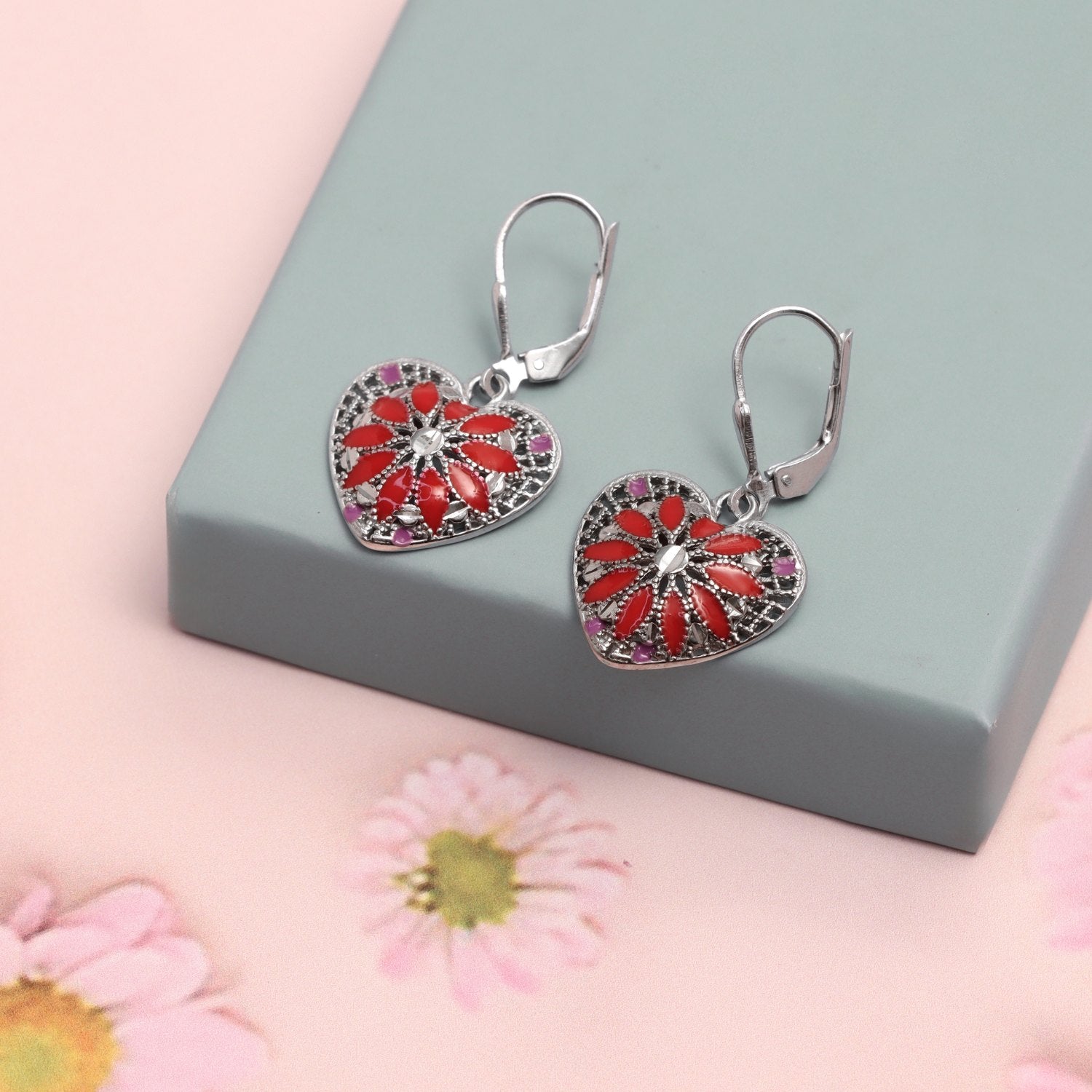 925 Sterling Silver Diamond-Cut Filigree Heart Enamel Drop Dangle Earrings For Women