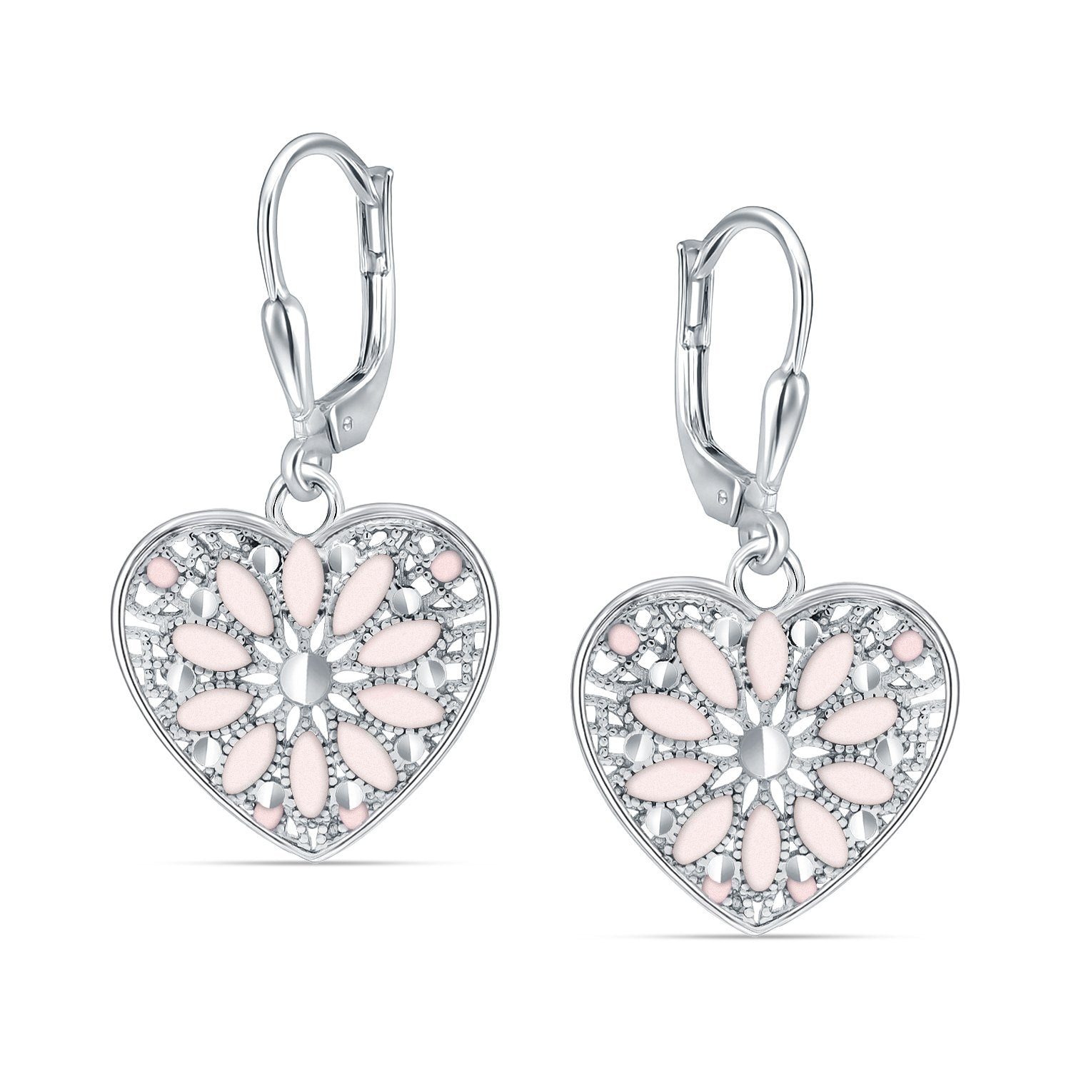 925 Sterling Silver Diamond-Cut Filigree Heart Enamel Drop Dangle Earrings For Women