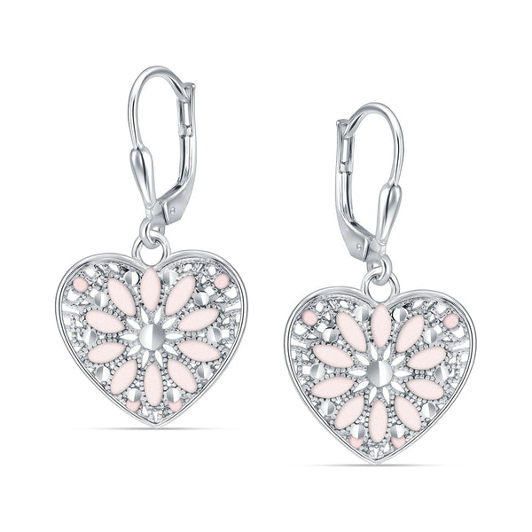 925 Sterling Silver Diamond-Cut Filigree Heart Enamel Drop Dangle Earrings For Women