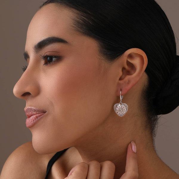 925 Sterling Silver Diamond-Cut Filigree Heart Enamel Drop Dangle Earrings For Women