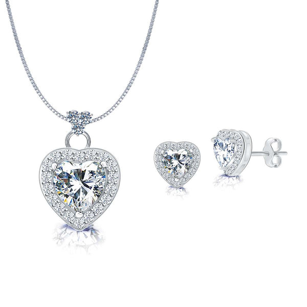 925 Sterling Silver CZ Heart Shape Pendant Necklace and Stud Earrings for Women