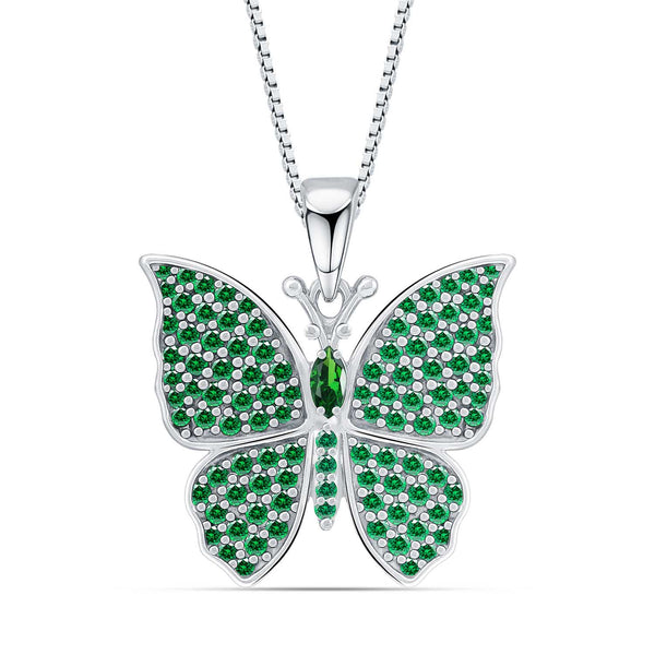 925 Sterling Silver Green Cubic Zirconia Crystal Butterfly Pendant Necklace for Women