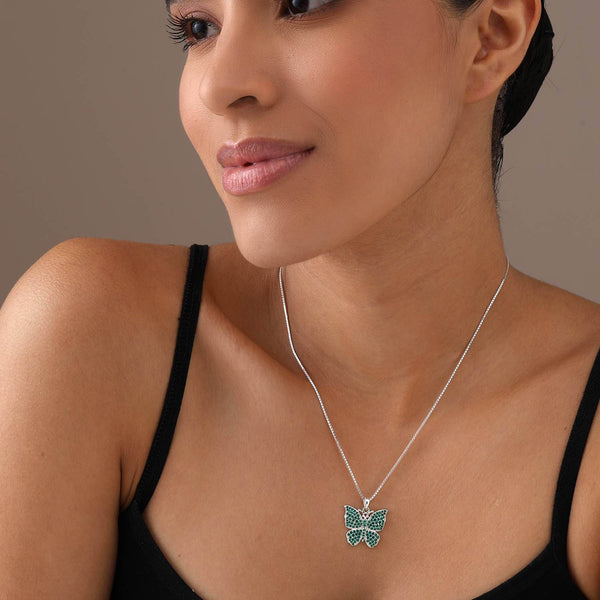 925 Sterling Silver Green Cubic Zirconia Crystal Butterfly Pendant Necklace for Women
