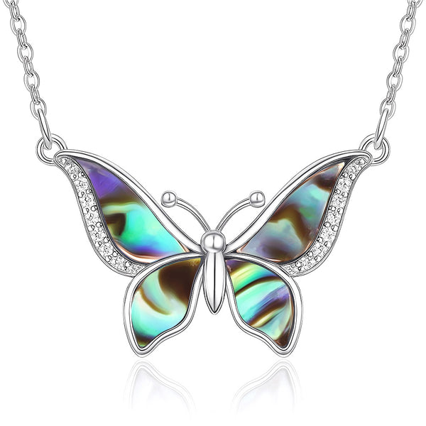 925 Sterling Silver Abalone Shell & CZ Stone Vintage Butterfly Pendant Necklace for Women