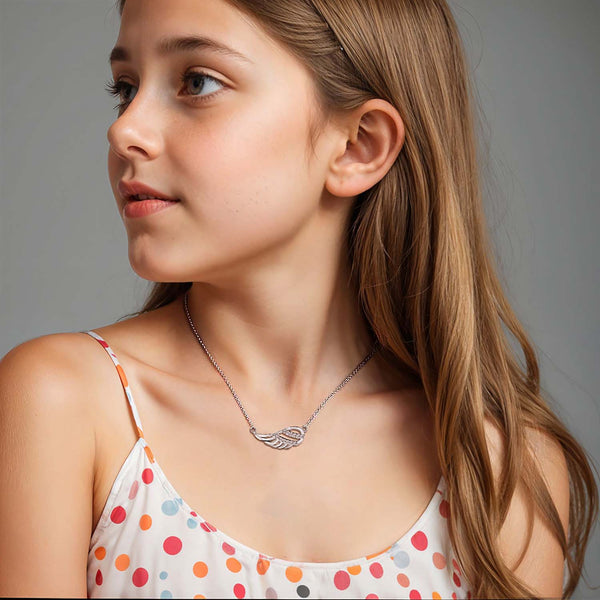 925 Sterling Silver Rhodium-Plated CZ Angel Wing Necklace for 14 to 16 Years Children | Gifts for Kids