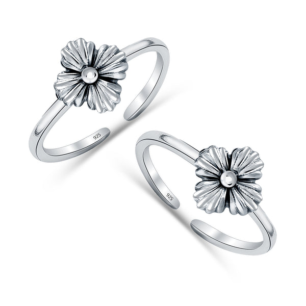 925 Sterling Silver Minimalist Open Adjustable Antique Flower Toe Rings For Women