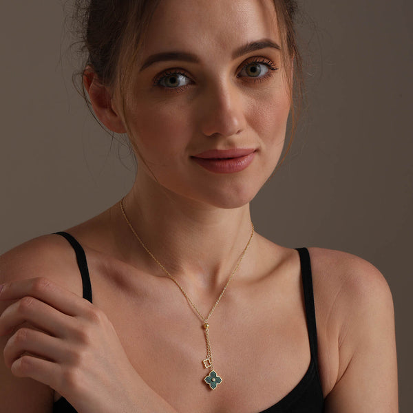 925 Sterling Silver Adjustable Mother of Pearl & Cubic Zirconia Double Flower Pendant Necklace for Women