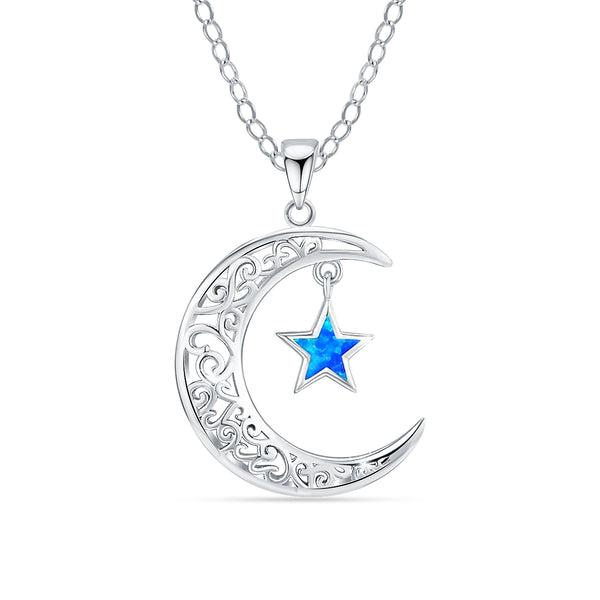 925 Sterling Silver Moon Star Crescent Mother of Pearl Pendant Necklace for Women