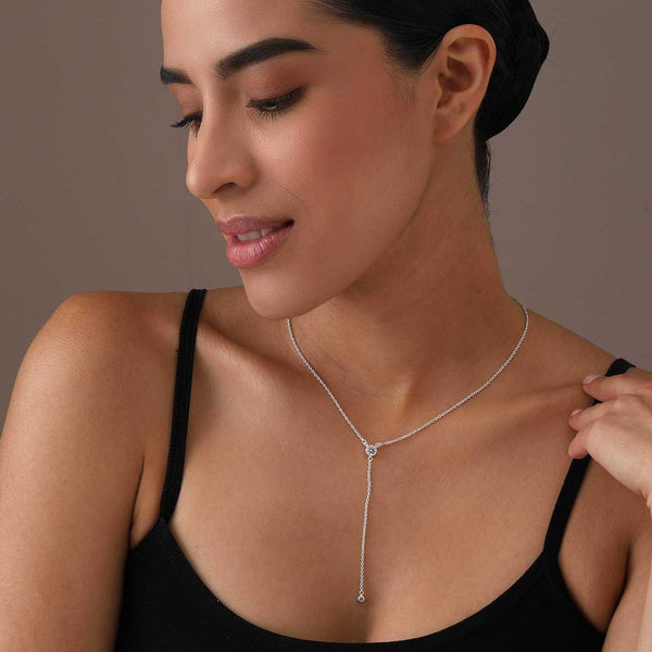 925 Sterling Silver Double CZ Dainty Drop Adjustable Lariat Simple Y Necklace for Women