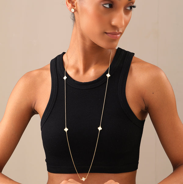 925 Sterling Silver 14K Gold Plated Mother of Pearl Clover Flower Station Long Chain Necklace for Women