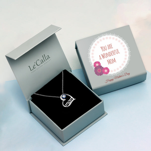 925 Sterling Silver Mom Love Heart Birthstone Pendant Necklace With Premium Mother's Day Gift Box for Women