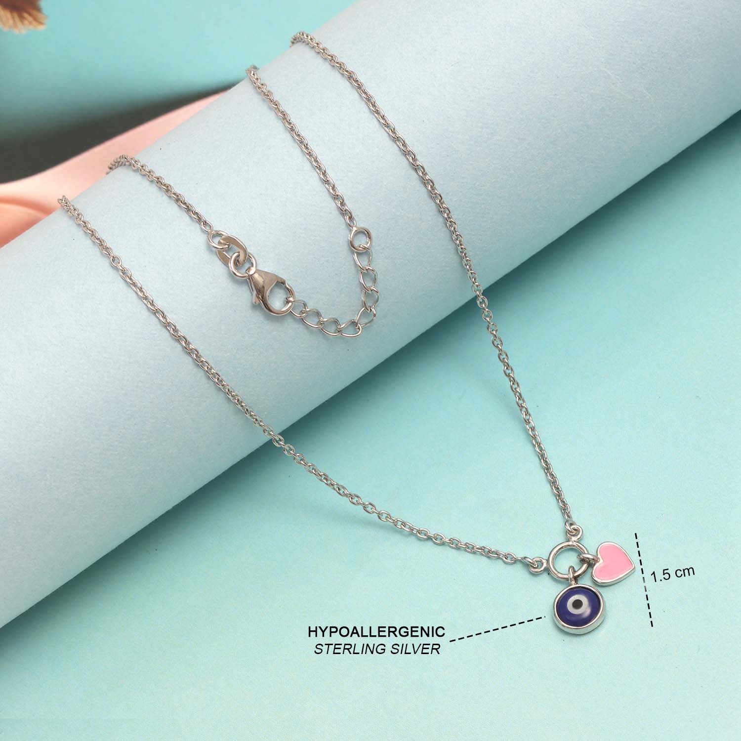 925 Sterling Silver Evil Eye Heart Charm Pendant Necklace for 14 to 16 Years Children | Gifts for Kids