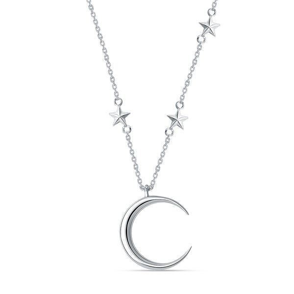 925 Sterling Silver Crescent Moon and Star Pendant Necklace for Women