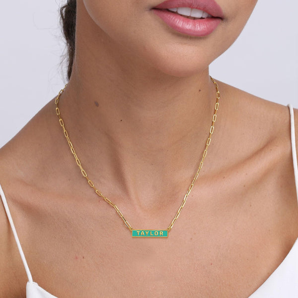 925 Sterling Silver Personalised Horizontal Enamel Bar Paperclip Link Chain Pendant Necklace for Women