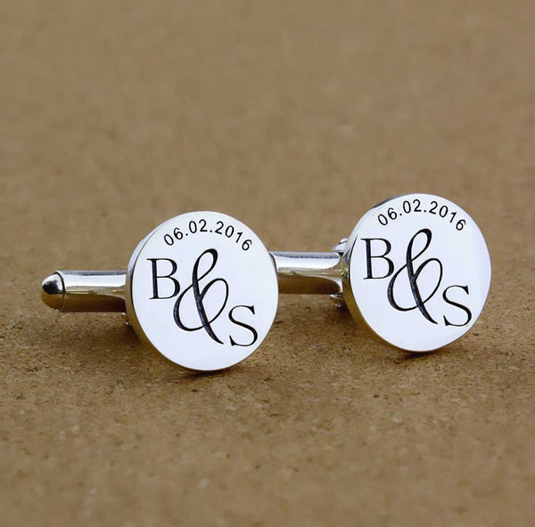 925 Sterling Silver Personalised Name and Date for Groom Engraved Round Cufflink for Men and Boys