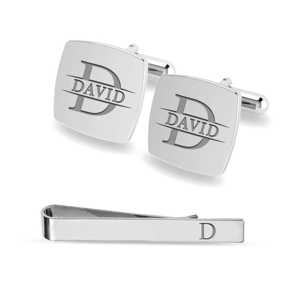 Personalised 925 Sterling Silver Engraved Initial or Name Designer Square Cufflinks and Tie Clip Set Collection Ideal Men and Boys