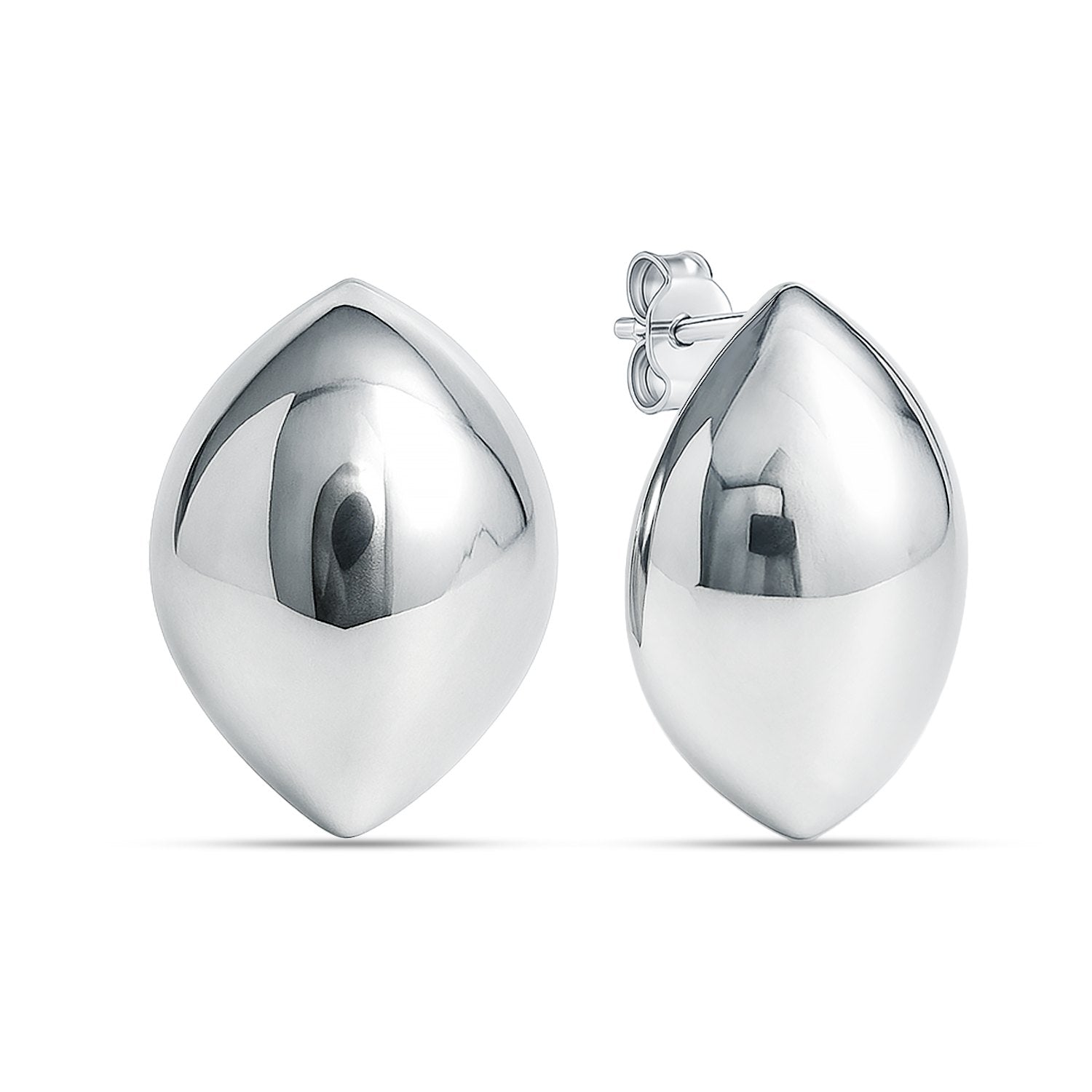 Pair of silver teardrop earrings on a white background