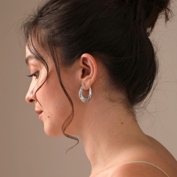 925 Sterling Silver Scroll work Hoop Earrings for Teen Women