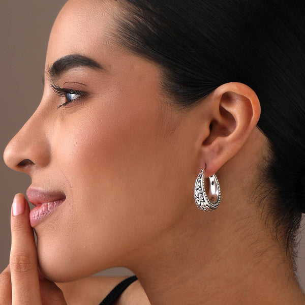 925 Sterling Silver Antique Floral Design Beaded Filigree Lightweight Bali Style Chunky Click-Top Hoop Earrings for Women