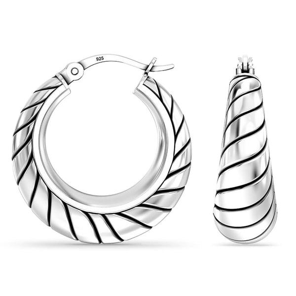 925 Sterling Silver Antique Braided Twisted Filigree Lightweight Bali Style Chunky SMALL Click-Top Hoop Earrings for Women