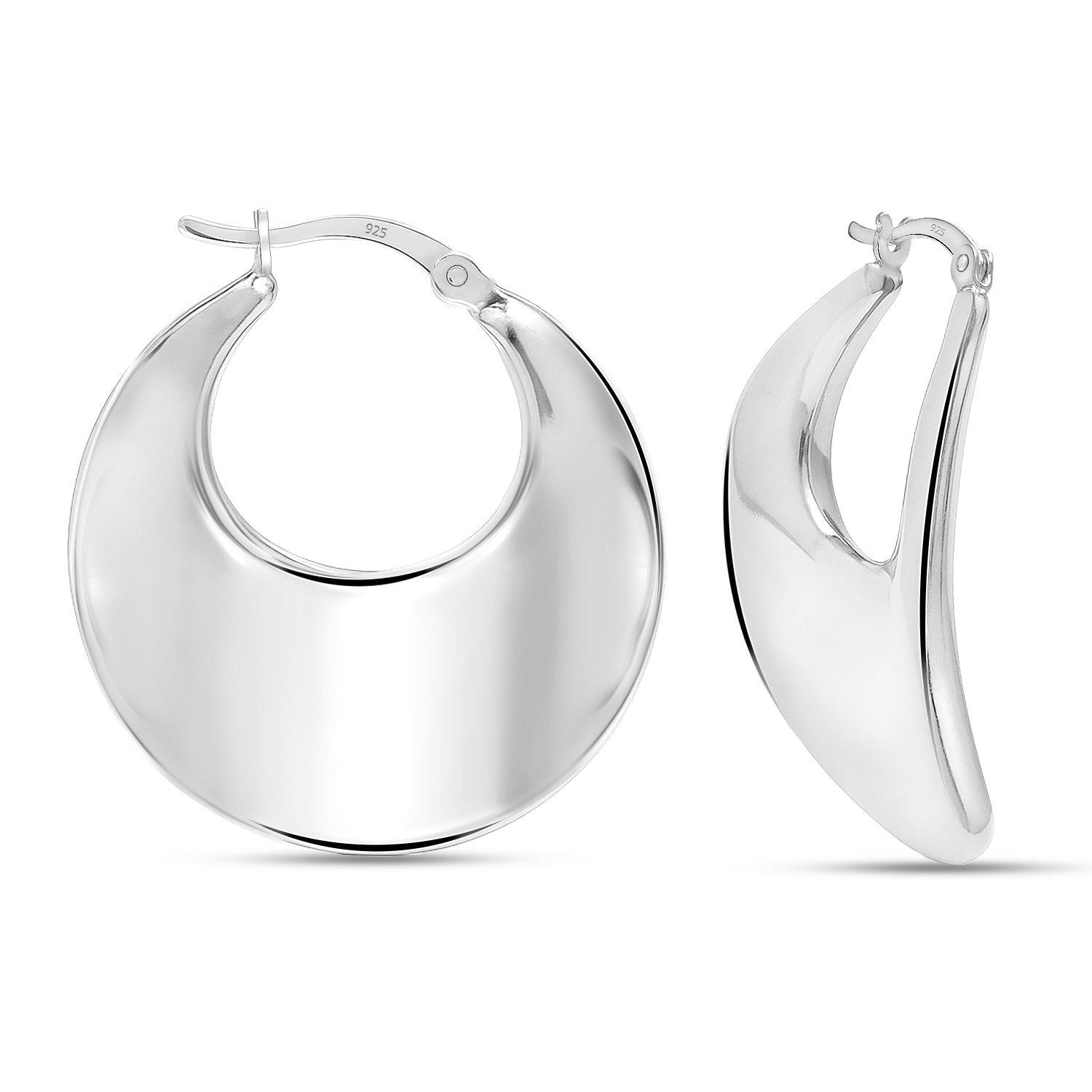 925 Sterling Silver Round Disc Click-Top Hoop Earrings For Women