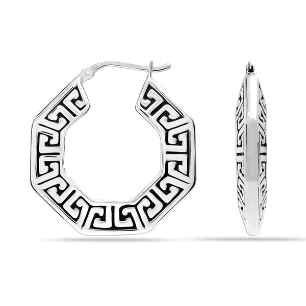925 Sterling Silver Jewellery Antique Light-Weight Octagon Greek Key Pattern Hoop Earrings for Women