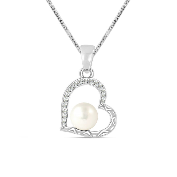 925 Sterling Silver CZ Heart Pearl Pendant Necklace for Women