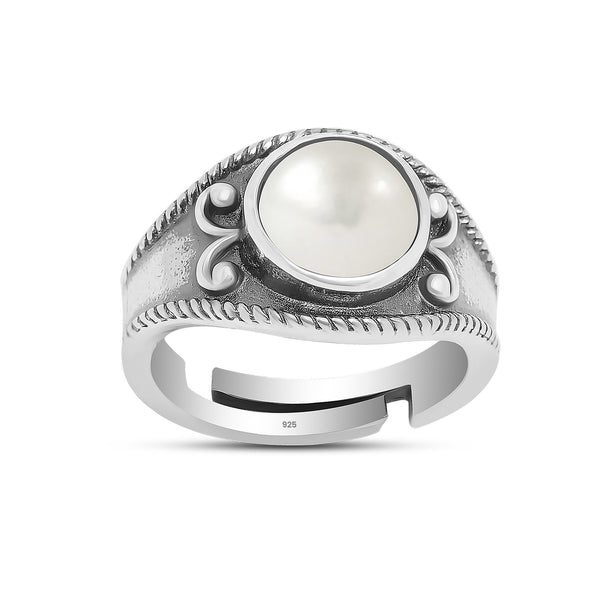 925 Sterling Silver Oxidized Freshwater Pearl Adjustable Ring for Women