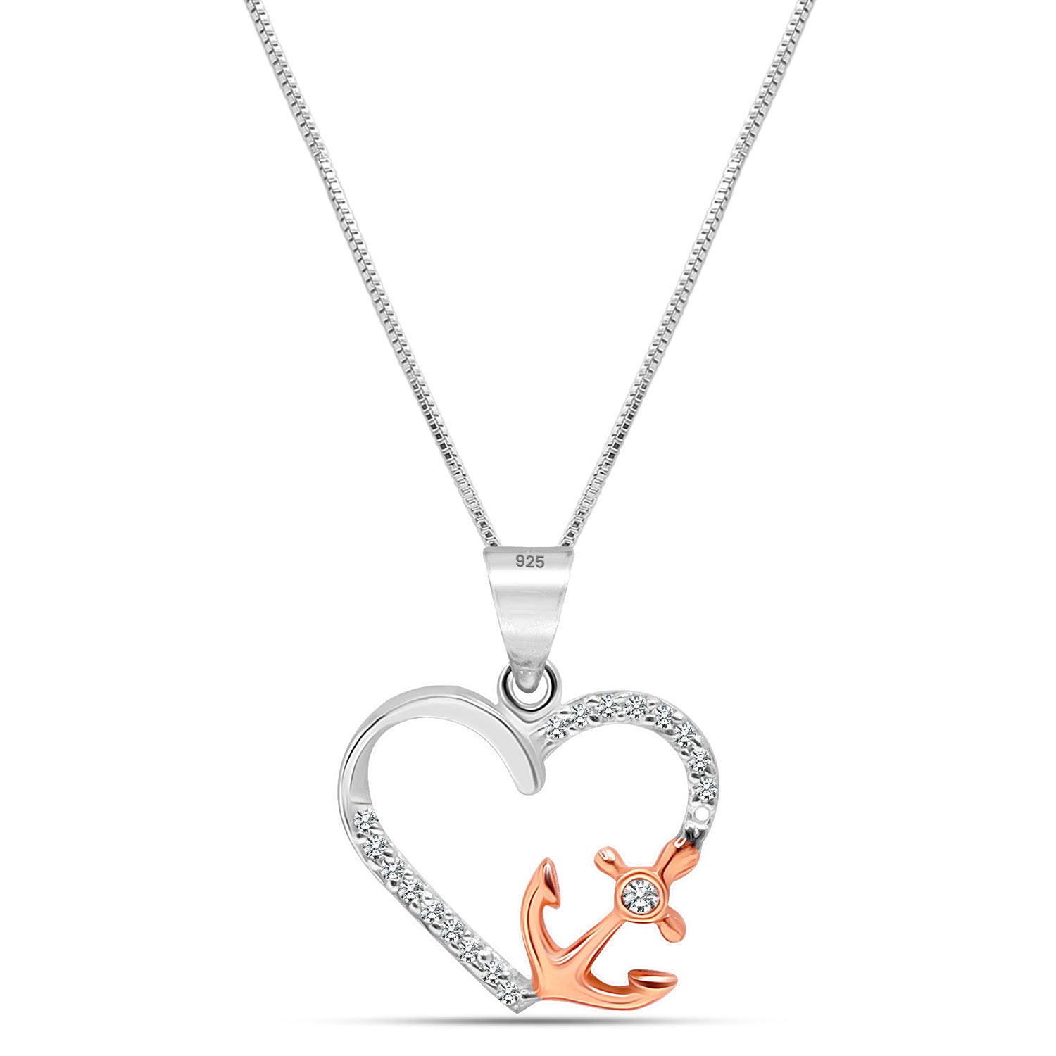 925 Sterling Silver CZ Heart with Anchor Pendant Necklace for Teen Women