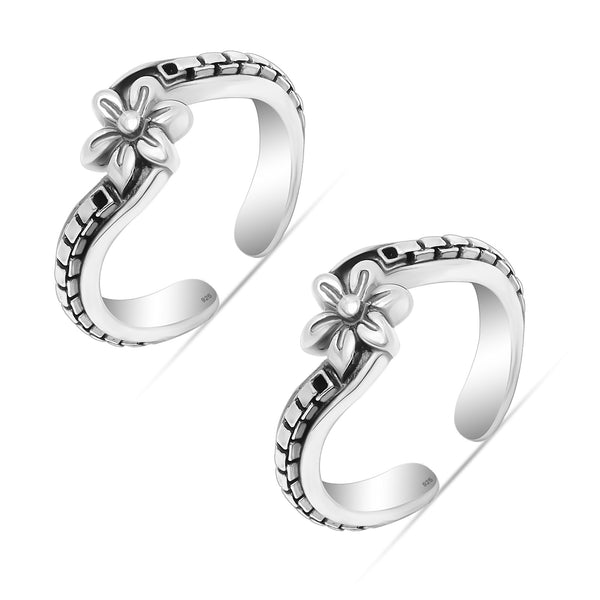 925 Sterling Silver Oxidized Flower Design Toe Ring for Women
