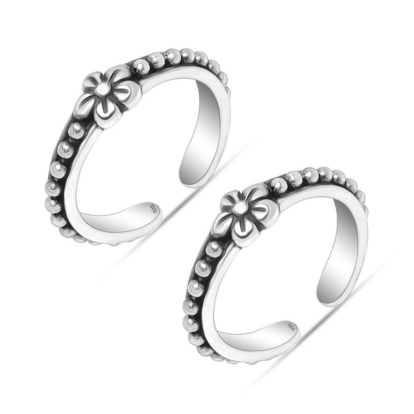 925 Sterling Silver Designer Oxidized Flower Design Toe Rings for Women