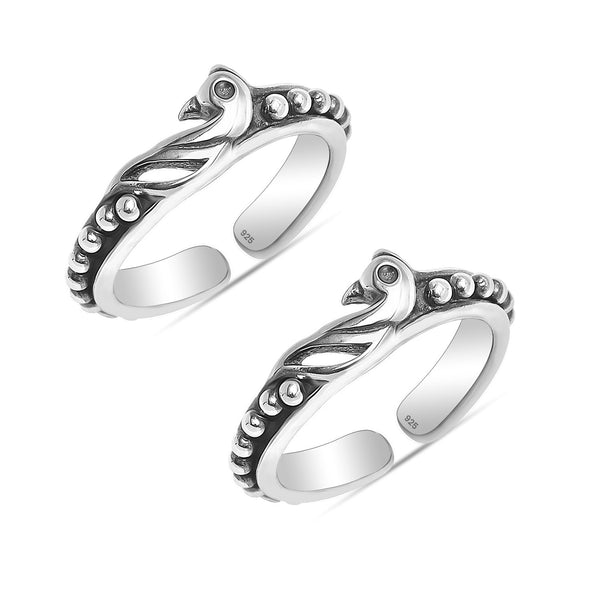 925 Sterling Silver Oxidized Peacock Design Toe Rings for Women
