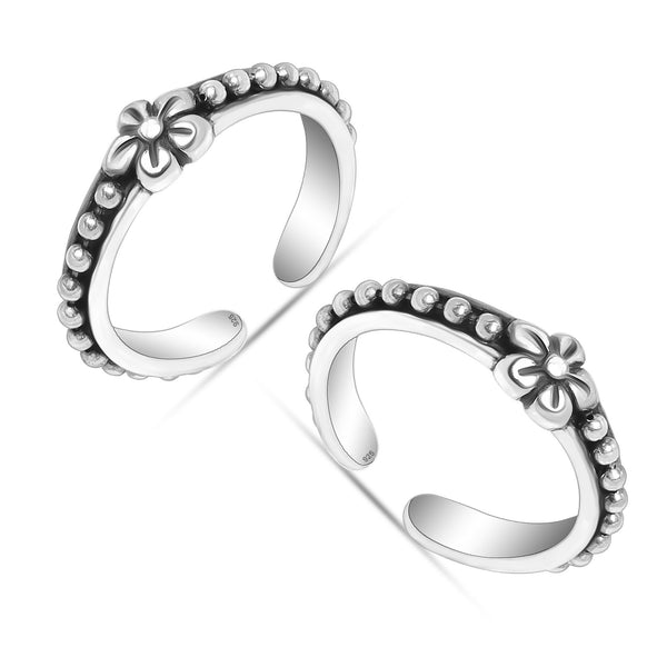 925 Sterling Silver Designer Oxidized Flower Design Toe Rings for Women
