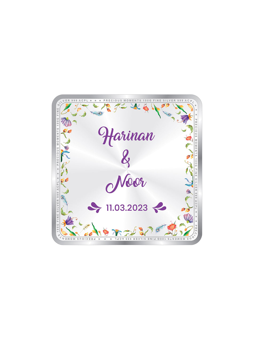 BIS Hallmarked Personalised Newly Married Anniversary Beautiful Square 999 Purity Silver Coin