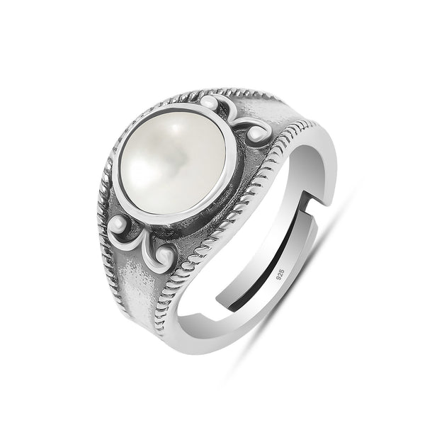 925 Sterling Silver Oxidized Pearl Ring for Women