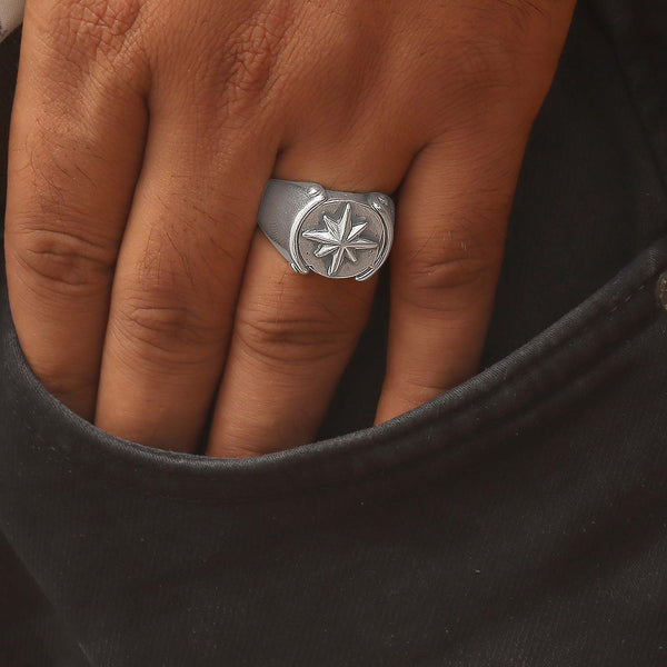 925 Sterling Silver Compass Viking Rune Ring for Men and Boys