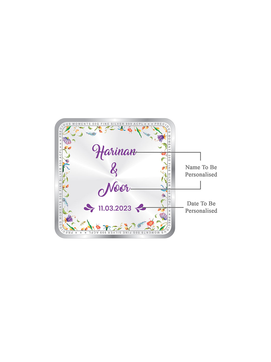 BIS Hallmarked Personalised Newly Married Anniversary Beautiful Square 999 Purity Silver Coin