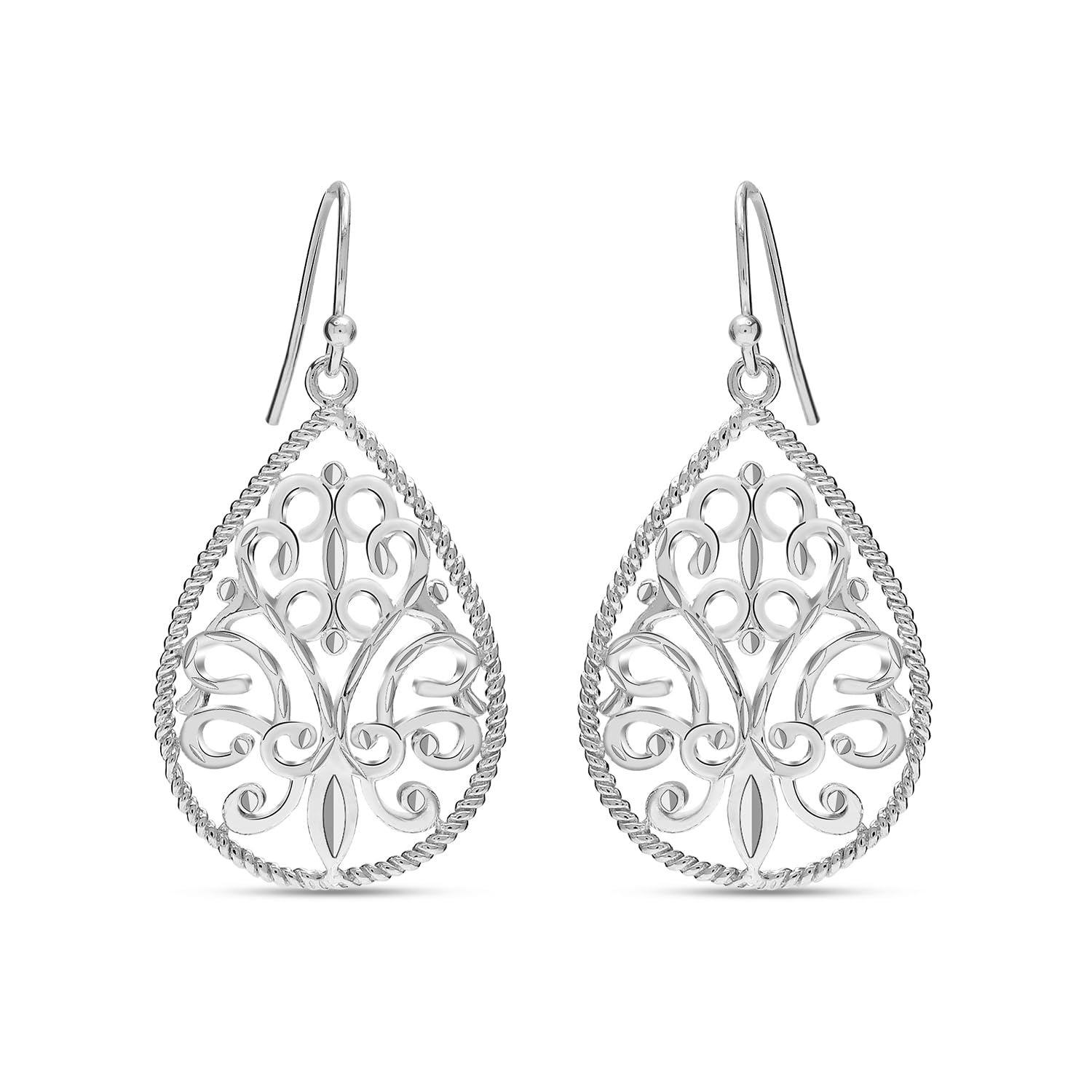 925 Sterling Silver Floral Filigree French Wire Classic Filigree Teardrop Drop Dangle Earrings for Women