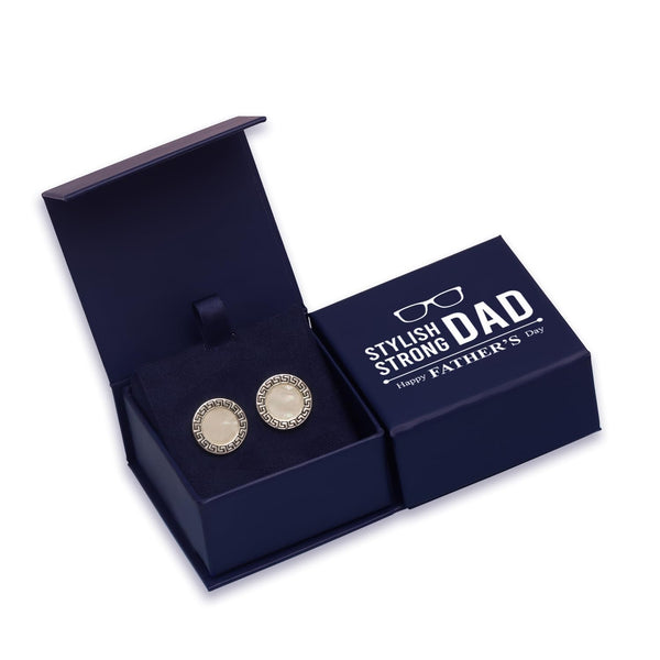 925 Sterling Silver Mother of Pearl Greek Key Cufflinks for Dad, Grand-Father With Gift Box