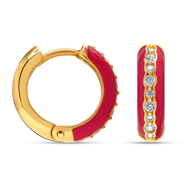 925 Sterling Silver 14K Gold Plated SMALL Zirconia Enamel Dual-Tone Huggie Hoops Earrings for Teens