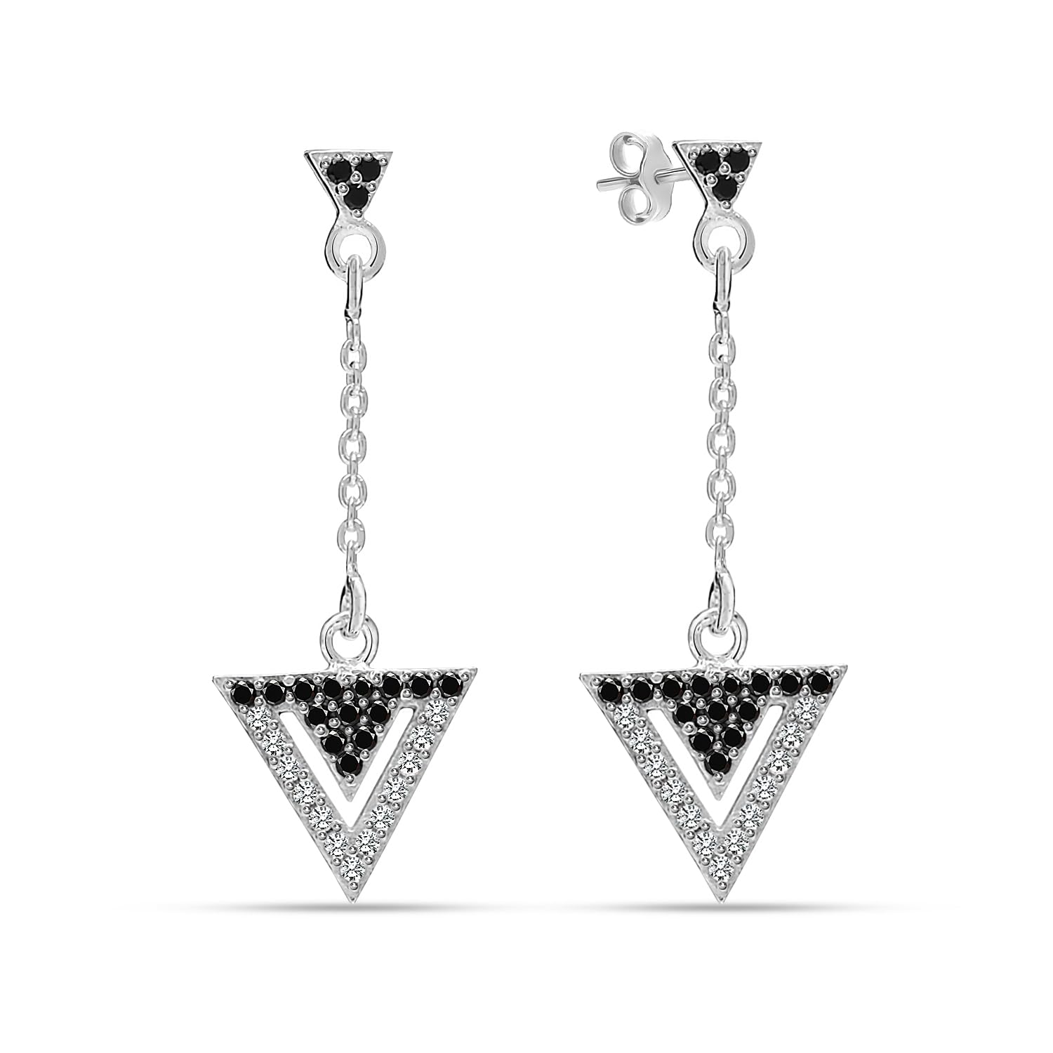 925 Sterling Silver Micro Pave Zirconia Long Tassel Chain Triangle Shape Drop Dangle Earrings for Women