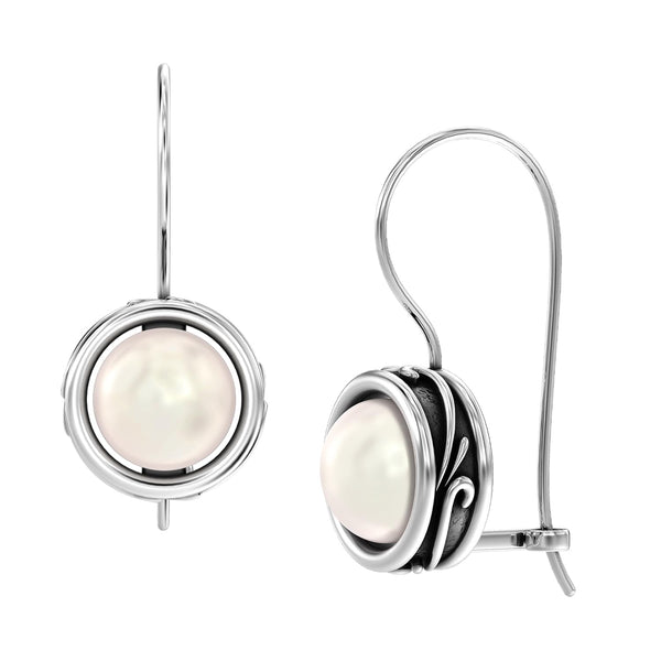 925 Sterling Silver Antique Freshwater Pearl Italian Design Round Fish Hook Cultured Drop Dangle Earrings for Women