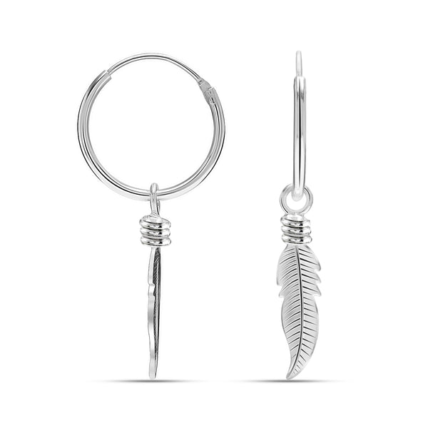 925 Sterling Silver Hinged Huggie Hoop Feather Drop Dangle Earrings for Women