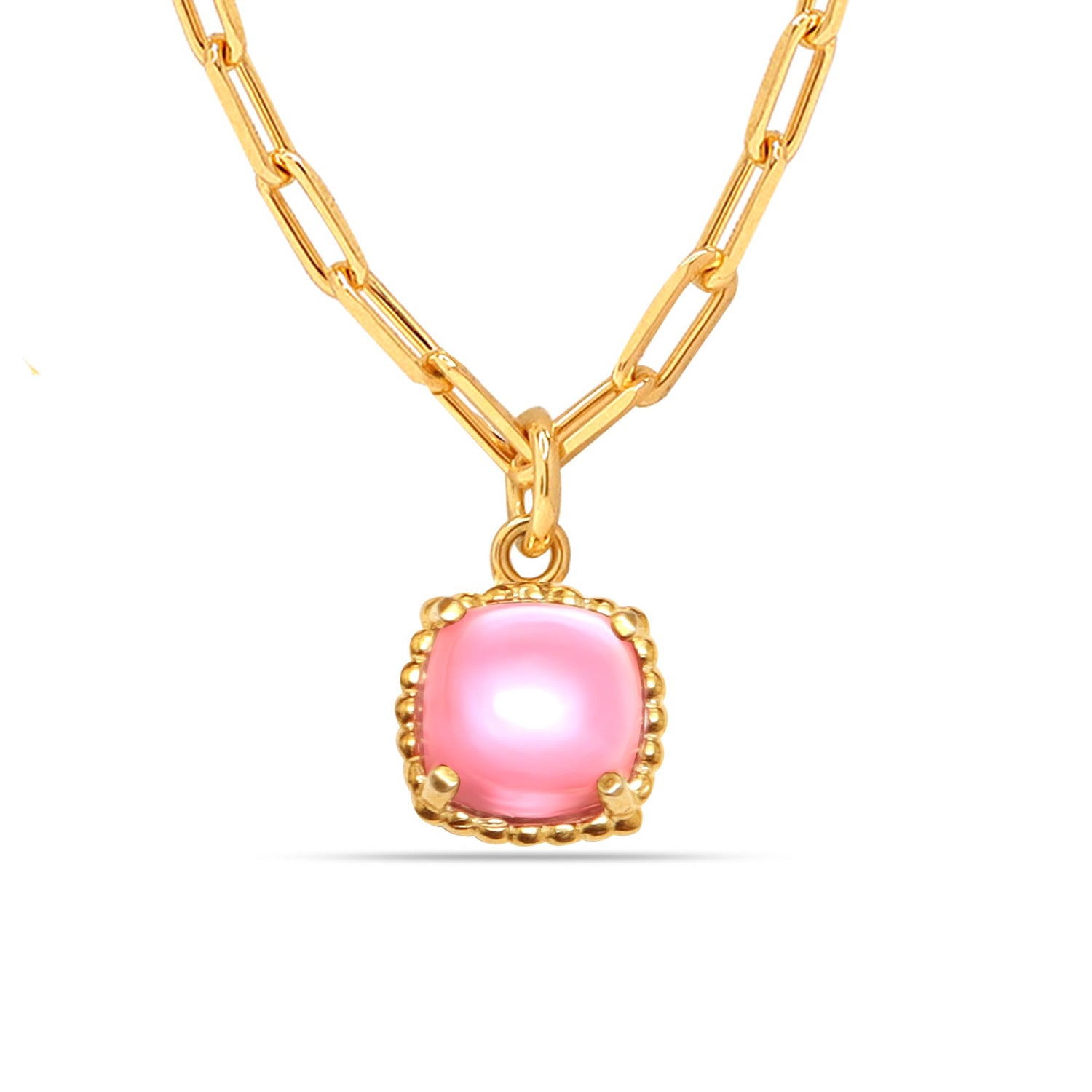 925 Sterling Silver 14K Gold Plated Beaded Cushion Pink CZ Square Charm Pendant Adjustable PaperClip Link Chain Necklaces for Women