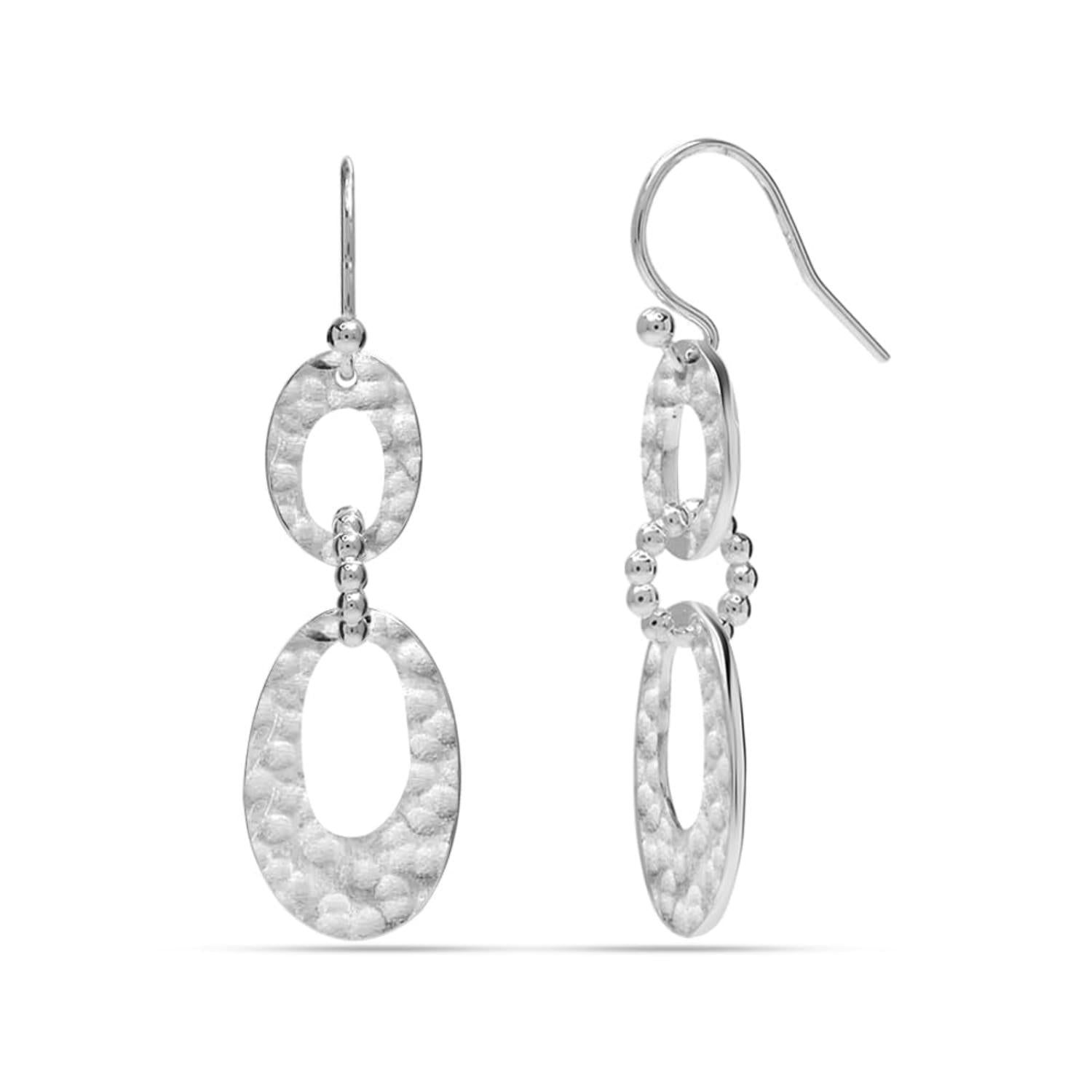 925 Sterling Silver Lightweight Hammered Interlocked Circles Long French Wire Drop Dangle Earrings for Women